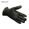 Fingerless Gloves Winter man deer skin leather gloves male warm soft mens glove black three lines design men mittens sheep hair lining 230113