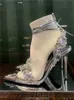 Metallic Crystal embellished Ankle-Tie Sandals heeled stiletto Heels for women Party Evening shoes open toe Calf Mirror leather luxury designers factory with10.5cm