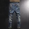 Herenjeans Italiaanse stijl mode retro blauw elastisch slanke fit vernietigde gescheurde vintage ontwerper casual denim broek homme 230113