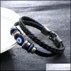 Charm Armband äkta läder för män Vintage Blue Eye Jewelry Handwoven Armband Drop Delivery DHGFC