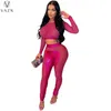 Zweiteiliges Kleid 2022 Neue Mode Dame Sexy Street Style 2 Stück Sets Langarm Rundhals Top Elastische Lange Hosen Reine Farbe Frauen Sets T230113