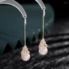 Stud -oorbellen 2023 Mooie CZ Crystal Dangle Drop Long Pearl For Women Delicate Party Engagement Sieraden Goud Color Hook Earring