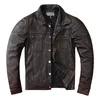 Men S Leather Faux Vintage Bruine werkkledingstijl Cowboy Echte jas Natural Cowhide Coat Stone Mill oude kleren 230112