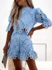 Two Piece Dress Women Two Pieces Sets Sexy Hollow Tracksuits Shirt With Mini Shorts Fashion Clothing Outfits Summer Lace Puff Sleeve Shorts Suit T230113