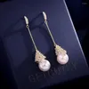 Stud -oorbellen 2023 Mooie CZ Crystal Dangle Drop Long Pearl For Women Delicate Party Engagement Sieraden Goud Color Hook Earring