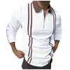 Men's Polos Men's Casual Top Shirt Splice Strip Zipper Turn-Down Collar Blouse Long Sleeve Pocket