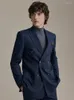 Abiti da uomo doppio petto di lusso a righe blu scuro da uomo Set stile inglese moda matrimonio sposo indossare abbigliamento formale da uomo d'affari quotidiano