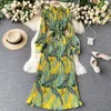 Casual Dresses Vintage Printing Heavy Industry Press Pleated Long Dress Celebrity Temperament Small Stand Collar Slim Holiday Women