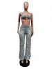 Two Piece Dress Echoine New Sexy Denim Two Piece Set Lace Up Ring Bra Top Hollow Out Hole Tassel Jeans Summer Party Night Clubwear Outfits T230113