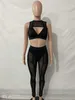 Robe deux pièces Echoine Sheer Mesh Voir à travers un pantalon Ensemble Deux pièces Ensemble évider Crop Top Pantalon Sexy Party Night Clubwear Tenues Street Cloth T230113