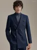 Abiti da uomo doppio petto di lusso a righe blu scuro da uomo Set stile inglese moda matrimonio sposo indossare abbigliamento formale da uomo d'affari quotidiano