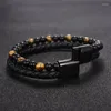 Bracelets de charme Classique Hommes Bracelet Corde En Acier Inoxydable Magnétique Pierre Naturelle Cuir Perlé Braclet Bracelets Volcaniques Chaîne