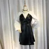 Abiti casual in pelle PU bianca e nera 2023 da donna Slim con maniche a lanterna Office Lady Abbigliamento elegante di alta qualità