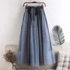 Skirts High Waiste Slim A-line Large Swing Contrast Color Long Mesh For Women Tutu Lace Up Faldas Mujer Maxi Puff MidiSkirts