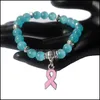 Charm Bracelets Breast Cancer Awareness Pink Ribbon Bracelet 5 Color Cat Eye Opal 8Mm Beads Bangle Drop Delivery Jewelry Dhemr