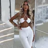 Women's Two Piece Pants Women Matching Sets Chic Fashion Ribbed Suit Sexy Halter Neck Tie Up Crop Tops High Waist Flared Trousers