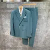 Men's Suits Double Breasted Slim Green Suit Jackets Mens Notched Pockets Split Casual Pants Korean Style Fashion Business Set