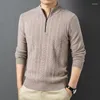 Blusas masculinas pura lã masculina jacquard suéter alto zíper de colarinho meio aberto