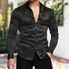 Men's Casual Shirts Men Shirt Satin Solid Color Turn-down Collar Long Sleeves Single-breasted Warm Formal Buttons Cardigan Prom Male Cloth