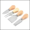 Cheese Tools 4Pcs/Set Stainless Steel Knife Oak Handle Slicer Wood Knives Fork Set Bakware Baking Cutter Vt Drop Delivery Home Garde Dhcmd