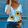 Women's Blouses & Shirts White Blouse Women V-neck Summer Short Sleeve Sunflower Print Casual Loose Basic Tops Mujer Bluzka Damska 2023