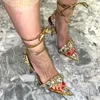 Metalliczne kryształowe ozdobne kostki sandały obcasy pięty dla kobiet imprezowe buty wieczorne otwarte palce lustrzane luksusowe projektantów z 10,5 cm
