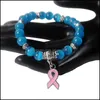 Charm Bracelets Breast Cancer Awareness Pink Ribbon Bracelet 5 Color Cat Eye Opal 8Mm Beads Bangle Drop Delivery Jewelry Dhemr