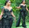 Hunter Green Jumpsuits Prom Dresses Sheer Neck Sequined Luxury African aso ebi Plus Size Women Formal Evening Gowns pant suit