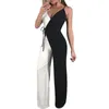 Damen Jumpsuits Strampler Weiß Schwarz Patchwork Overall mit weitem Bein Frauen Spaghettiträger V-Ausschnitt Eleganter Sommerspielanzug Lässige Büroarbeit Ov