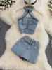 Robe deux pièces DEAT femmes licou dos nu Sexy Denim haut taille haute Shorts nouveau deux pièces ensemble tempérament mode printemps été 2023 11D10231 T230113