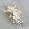 Wedding Hair Jewelry Slbridal Ręcznie robiony liść ze stopu Ceram Flower Freshwater Pearls Bridal Commin Accessorie 230112