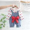 Kleidung Sets Mädchen Denim Strampler Set Frühling Herbst Mode Nette Süße Baby Langarm Dot Hemd Hosen Mit Schleife Kleinkind Outfits