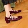 Elbise Ayakkabı 2023 İlkbahar Yaz Mary Jane Patent Deri Kadın Ayakkabı Fransız Kare Toe Kalın Topuk Kadın Toka Strap Hamam Pompaları 230113