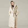 여자 조끼 겨울 겨울 긴 흰 오리 다운 재킷 여성 빨간 스 플라이 싱 까마귀 코트 후드 두꺼운 따뜻한 느슨한 오버 코트 레이스 업 230112