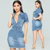 Casual jurken okeooasis sexy dames wijzigen kraag af korte mouw bodycon denim skater jurk vrouwelijke elegante jeans bottons