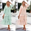 Robes décontractées Maxi robe femmes été automne à manches longues col en v solide Vintage à volants Boho plage Hippie lâche Vestidos Mujer