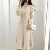Casual Dresses Vintage One Piece Pleated Long Sleeve Slim Woman Sweater Sticked Elegant Midi Party Dress V Neck Autumn Korean