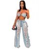 Two Piece Dress Echoine New Sexy Denim Two Piece Set Lace Up Ring Bra Top Hollow Out Hole Tassel Jeans Summer Party Night Clubwear Outfits T230113