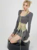 ツーピースドレス韓国のファッション衣装長袖の作物包帯トップハイウエストペンシルスカートフレアレッグウォーマーY2K美学3ピースセット230113
