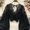 Women s Blouses Shirts Autumn Black White Brown Sexy Lace Blouse Women Elegant V Neck Puff Long Sleeve Open Back Short Tops Female Party Blusas l230112