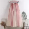 Skirts High Waiste Slim A-line Large Swing Contrast Color Long Mesh For Women Tutu Lace Up Faldas Mujer Maxi Puff MidiSkirts