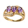 Anneaux de mariage violet ovale trois pierres cristal anneau breloque couleur or bijoux pour femmes mignon mariée fiançailles saint valentin cadeau