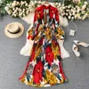 Casual Dresses Vintage Printing Heavy Industry Press Pleated Long Dress Celebrity Temperament Small Stand Collar Slim Holiday Women