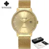 Нарученные часы Wwoor Men Simple Slim Watches Luxury Brand Золотая стальная сетка Ультра -водонепроницаемая свидания на запястье.