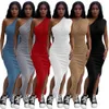 Summer Ribbed Dress Women Spring Bodycon Dresses Sexig diagonal krage delad l￥ng kl￤nning solid ￤rml￶sa mager kl￤nningar nattklubb party slitage 9182