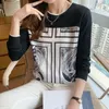 Dames blouses 2023 herfst mode temperament blouse ronde nek losse print bodem blusa retro dunne chiffon sweater dk1450