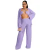 Women's Two Piece Pants Fashion Solid Long Wide 3 Sets Women Outfits Sleeve Shirt Bra Top Leg Holiday Casual Suit