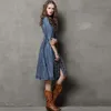 Vestidos de festa Bohemian Long Denim Denim Mulheres Big Tamanho Bordado Nacional Bordado Summer Autumn com faixas Vestidos Verano 2023