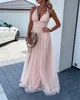 Casual Dresses 2023 Halter Backless virkning spetsar Mesh Pink Long Prom Dress Summer Ladies Sexy Womens Robes Vestidos Mujer