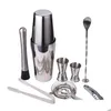 Outils de bar 9pcs / set en acier inoxydable cocktail shaker mélangeur boisson barman navigateur kit barres ensemble professionnel lz0946 drop livraison maison dh3uk